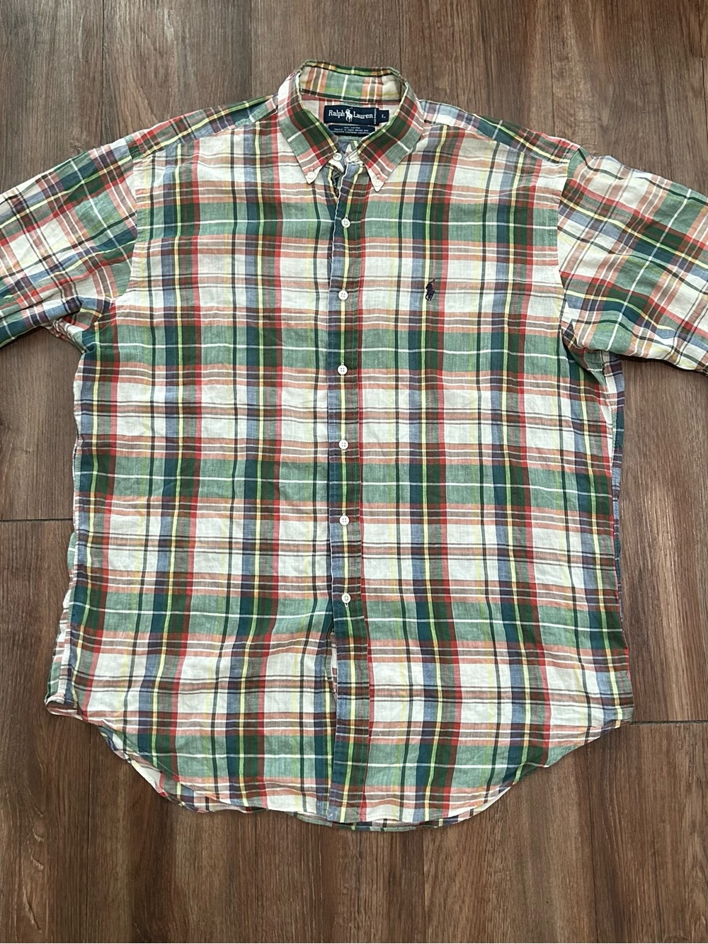 Ralph Lauren Vintage 90s Plaid Red Green Button Down Shirt Men's Large L preppy